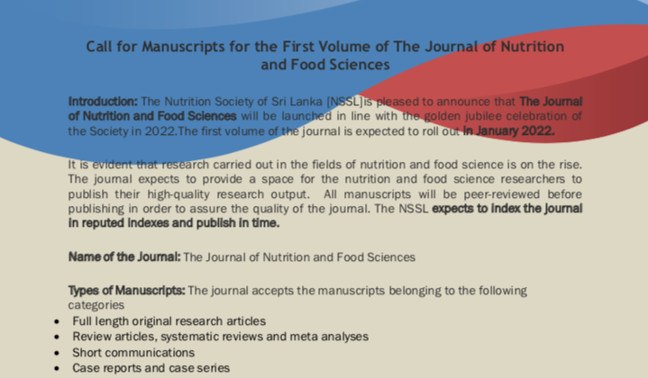 Call for Manuscripts for the First Volume of The Journal of Nutrition and Food Sciences